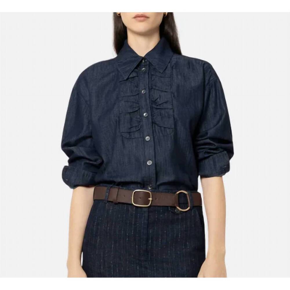 NEW LUISA CERANO ruffle front blouse in denim